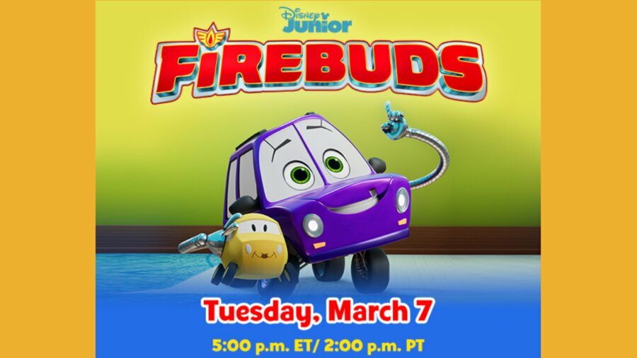 Artwork of two characters from Firebuds including a character with a Cleft hood. Logo for Disney Junior Firebuds. Text: Tuesday, March 7 5 p.m. ET 2 p.m. PT