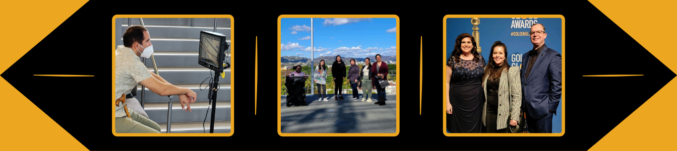 Photos of a man on the set of RespectAbility's PSA for black history month looking into a monitor, RespectAbility staff outside together with the Hollywood sign in the distance behind them, and three RespectAbility team members at the Golden Globes