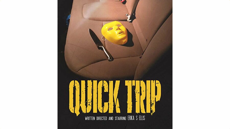 Quick Trip poster featuring a knife and a yellow mask on the back seat in a car