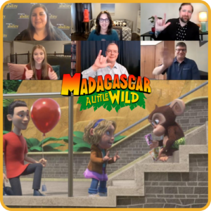 Screenshot from panel discussion with team behind Madagascar A Little Wild, and still from episode of Madagascar A Little Wild that featured Shaylee Mansfield's sign-over performance. logo for Madagascar A Little Wild