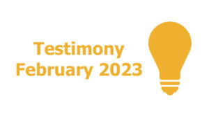illustration of a lightbulb. Text reads Testimony February 2023