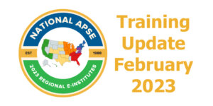National APSE 2023 Regional E-Institutes logo. Text reads Training Update February 2023