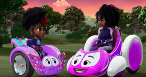 a scene from "All That Jazzy" where Piper and Jazzy talk with Ayanna and Gliderbella.
