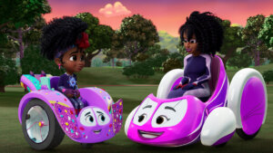 a scene from "All That Jazzy" where Piper and Jazzy talk with Ayanna and Gliderbella.