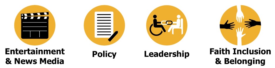 icons for RespectAbility's four pillars: Entertainment and News Media, Policy, Leadership, and Faith Inclusion and Belonging