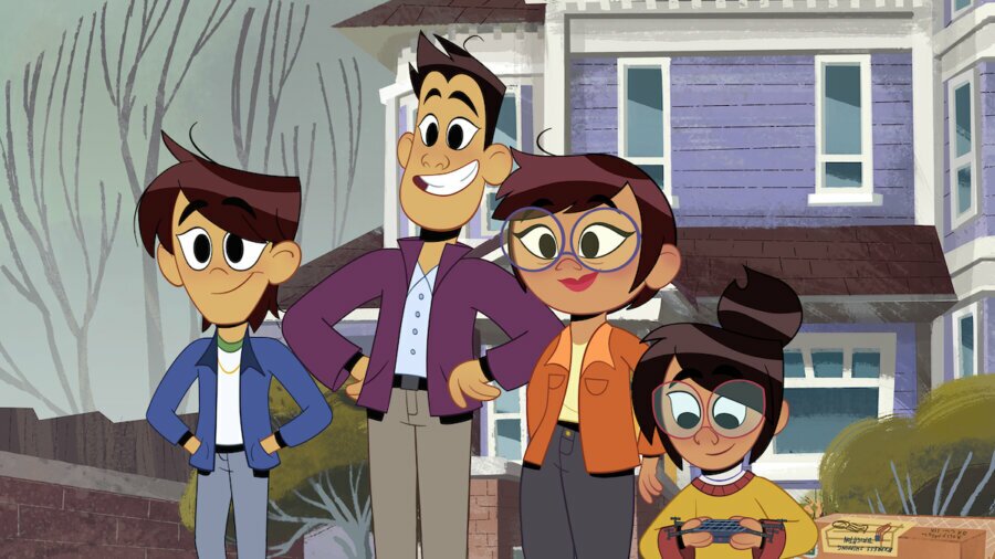 The Chen Family outside of their house in a scene from The Ghost and Molly McGee. June (the autistic character) is looking at a gadget in her hands while the other three family members are looking ahead.