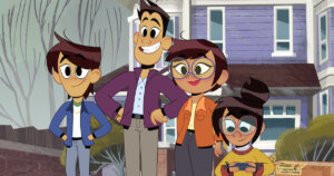 The Chen Family outside of their house in a scene from The Ghost and Molly McGee. June (the autistic character) is looking at a gadget in her hands while the other three family members are looking ahead.