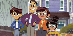 The Chen Family outside of their house in a scene from The Ghost and Molly McGee. June (the autistic character) is looking at a gadget in her hands while the other three family members are looking ahead.