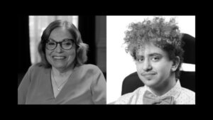 Black and white photos of Judy Heumann and Rabbi Emet Tauber