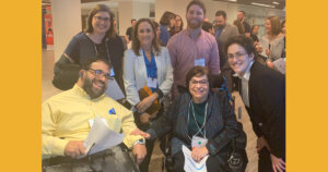 Judy Heumann with RespectAbility staff members Matan Koch and Lauren Appelbaum along with two former Apprentices and a former staff member