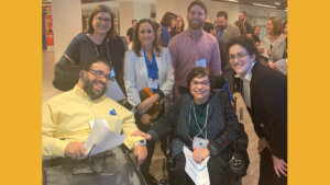 Judy Heumann with RespectAbility staff members Matan Koch and Lauren Appelbaum along with two former Apprentices and a former staff member