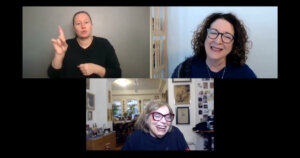still from RespectAbility JDAIM webinar with Judy Heumann with Shelly Christensen and Judy smiling