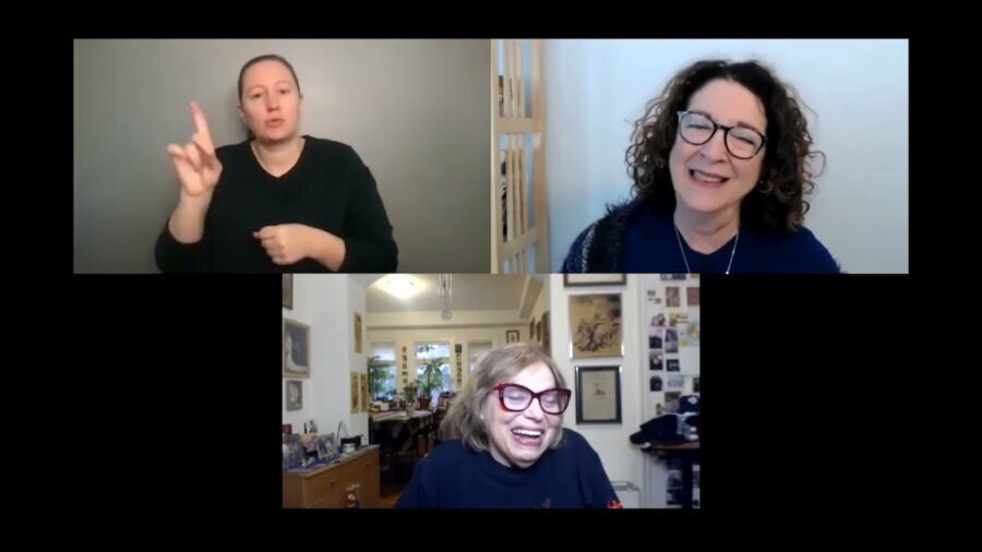 still from RespectAbility JDAIM webinar with Judy Heumann with Shelly Christensen and Judy smiling