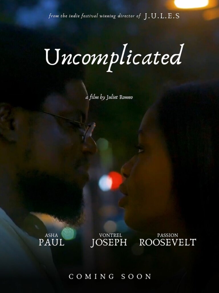 poster for "Uncomplicated" by Juliet Romeo featuring the two lead actors looking at each other in a dark environment