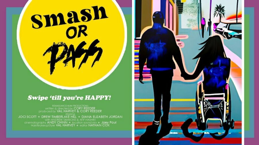 Key art for Smash Or Pass featuring an illustration of a man and a woman holding hands. The woman is a wheelchair user.