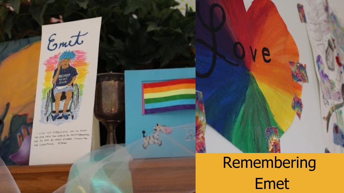 Two photos of rainbow artwork that was in Emet's hospice room. Text reads "Remembering Emet"