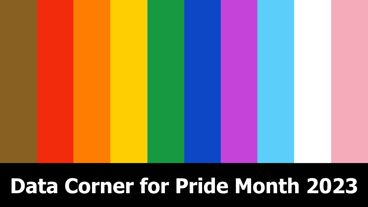 horizontal stripes in the colors of the Pride flag. Text reads "Data Corner for Pride Month 2023"
