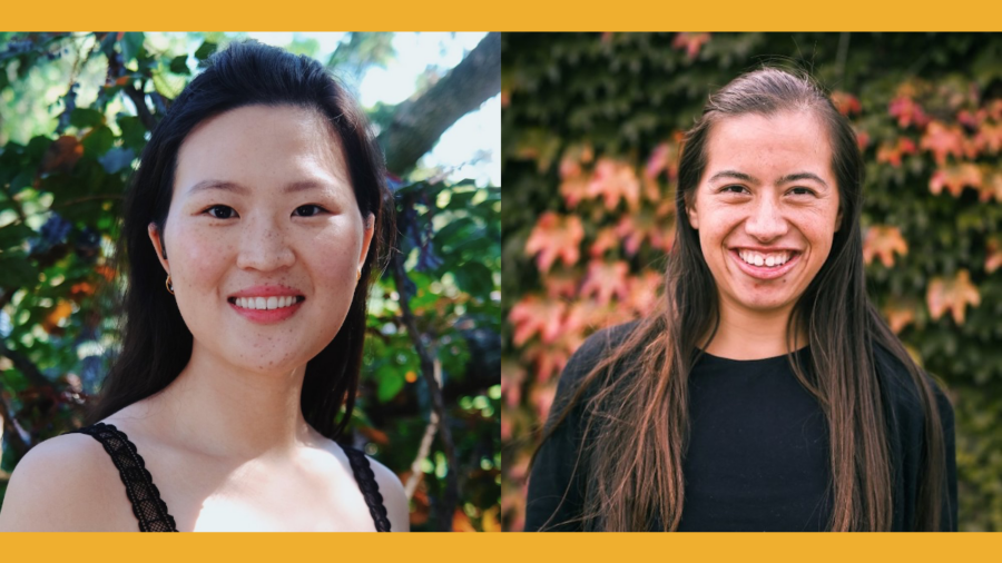 Headshots of Elizabeth Kim and Nicole Homerin smiling in front of plants and flowers.