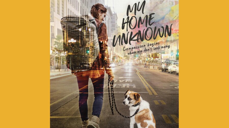 poster artwork for My Home Unknown featuring a woman walking down the street with a dog, the film's logo, and text 