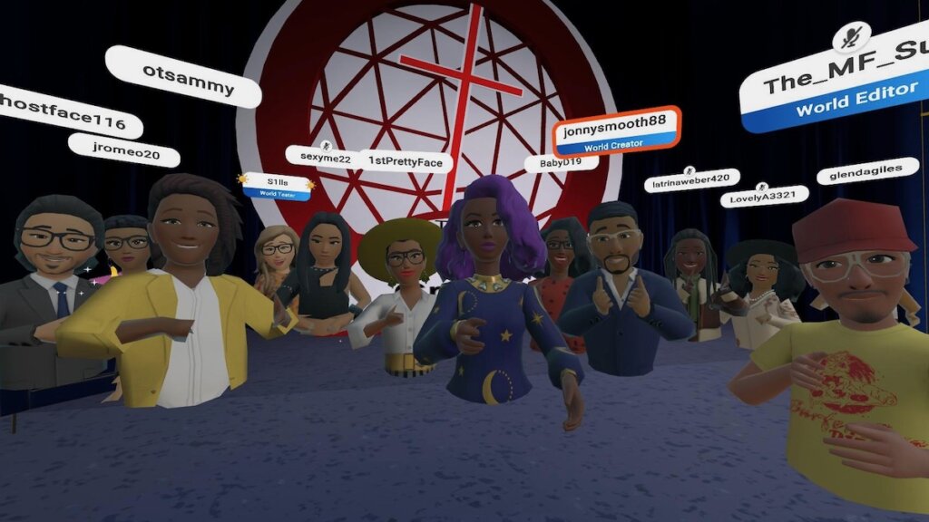 Avatars in a virtual reality church service, including Juliet Romeo's avatar, with their user names above their heads.