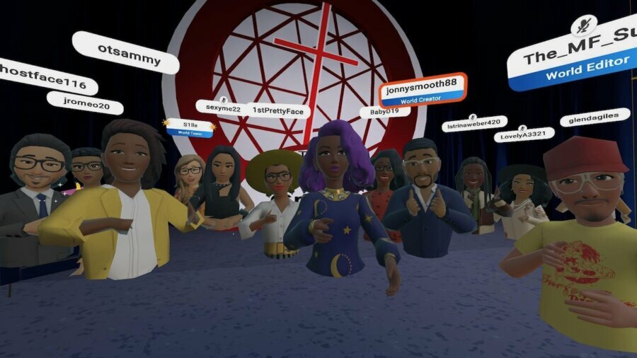 Avatars in a virtual reality church service, including Juliet Romeo's avatar, with their user names above their heads.