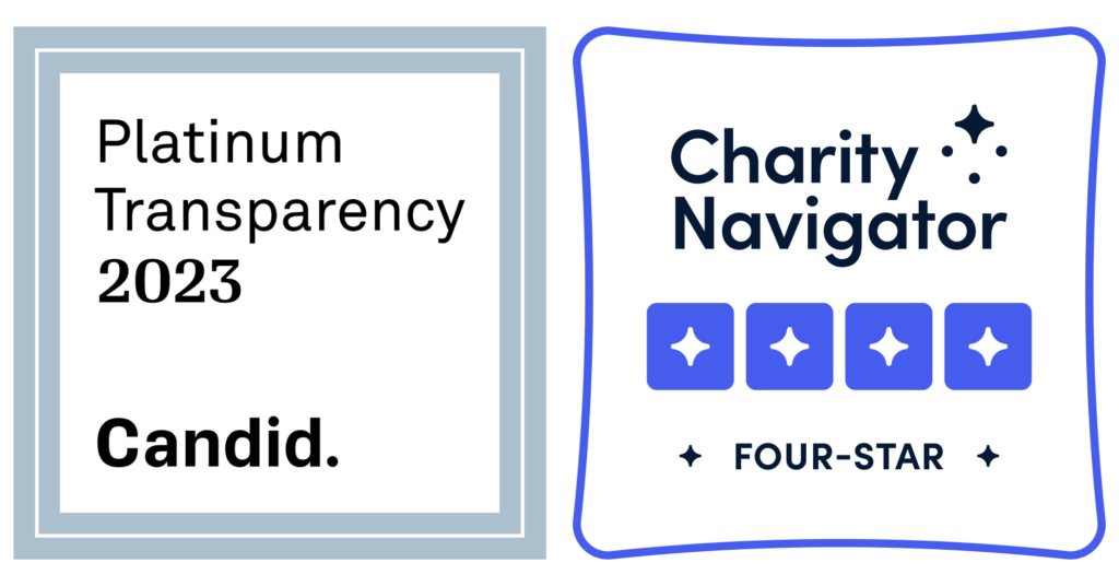 Badges for Candid Platinum transparency 2023 and four star charity navigator rating
