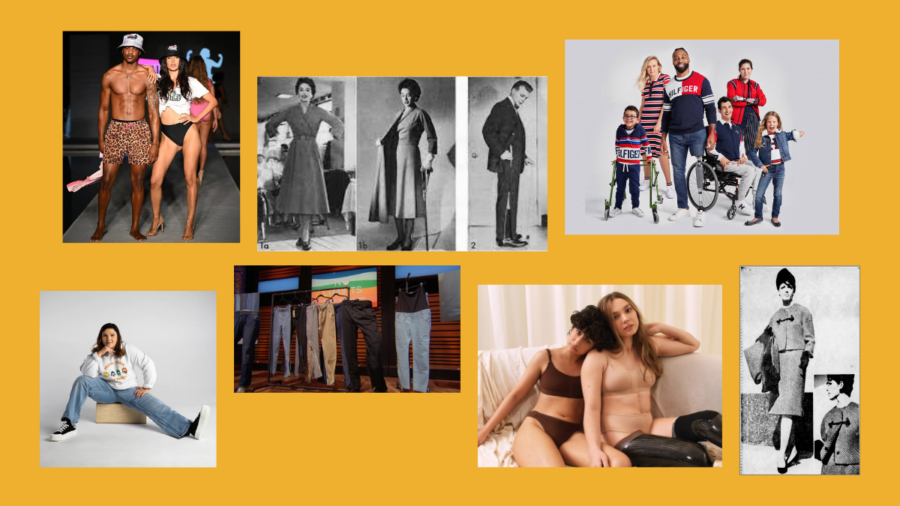 Collage of various pieces of adaptive fashion throughout the past few decades from brands including Levis, Tommy Hilfiger, No Limits, and Skims.