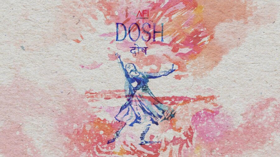 Poster artwork for the short film DOSH with pink colors around artwork of a woman dancing