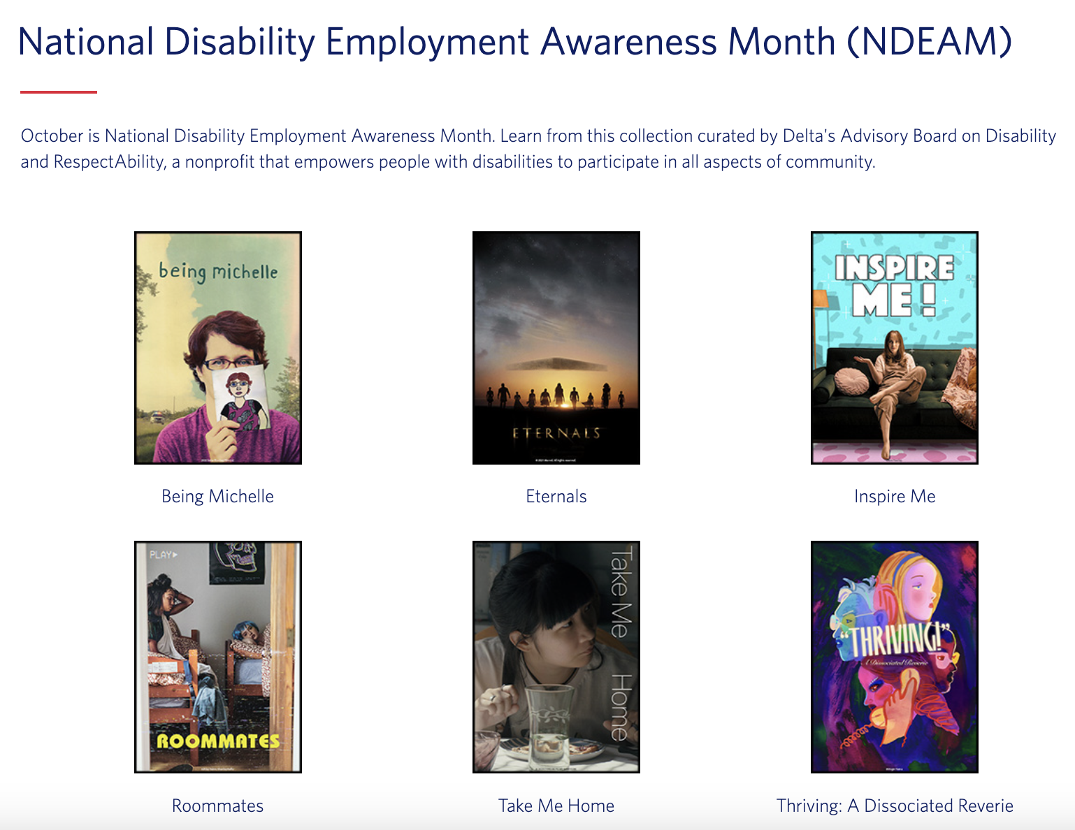 Screenshot of Delta's website showing film collection for NDEAM 2023, with posters for six of the films. Text: "October is National Disability Employment Awareness Month. Learn from this collection curated by Delta's Advisory Board on Disability and RespectAbility, a nonprofit that empowers people with disabilities to participate in all aspects of community."