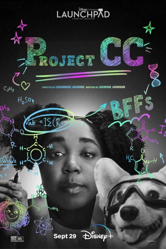 poster for Disney Launchpad's Project CC with a black woman holding a pen and a dog wearing ski goggles
