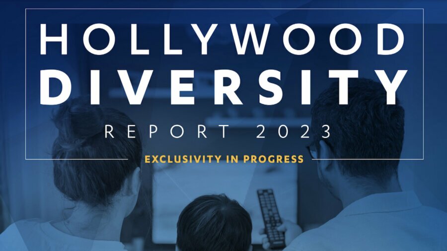 Hollywood Diversity Report 2023 cover art with two parents and a child watching TV and subtitle 