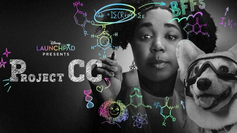 poster for Disney Launchpad's Project CC with a black woman holding a pen and a dog wearing ski goggles
