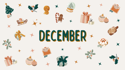 icons of gifts, christmas trees, and other festive symbols. Text reads December