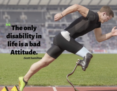 meme of a man running with a prosthetic leg. text says "the only disability in life is a bad attitude."