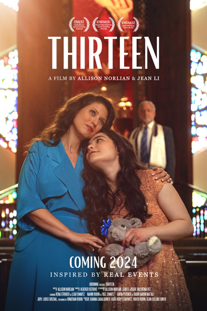 poster for THIRTEEN with a mother, her daughter, and a rabbi in the background
