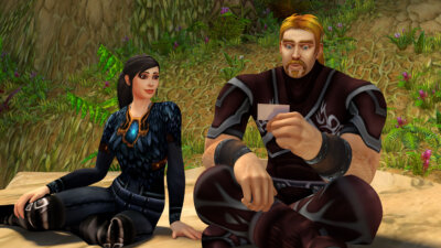 Still from Ibelin with a character in a video game looking at a note with another character watching