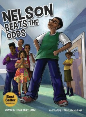 cover of Nelson Beats the Odds with illustration of a black boy posing in a school hallway