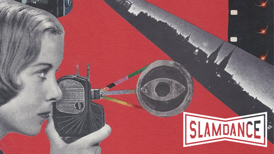 Collage from Slamdance unstoppable website including a woman, a radio, an eye, and other objects. Slamdance logo in bottom right