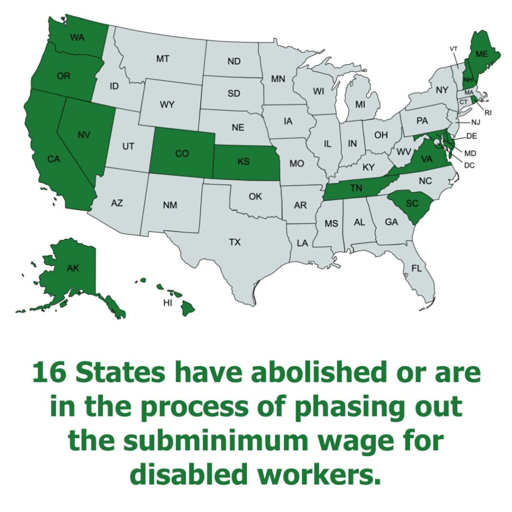 map of the United States with 16 states that have abolished or are phasing out subminimum wages colored in green