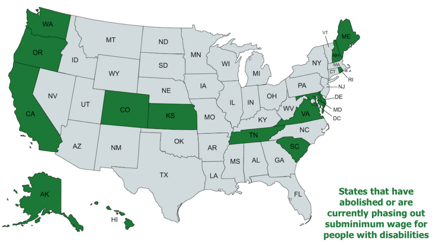 map of the United States with 15 states that have abolished or are phasing out subminimum wages colored in green