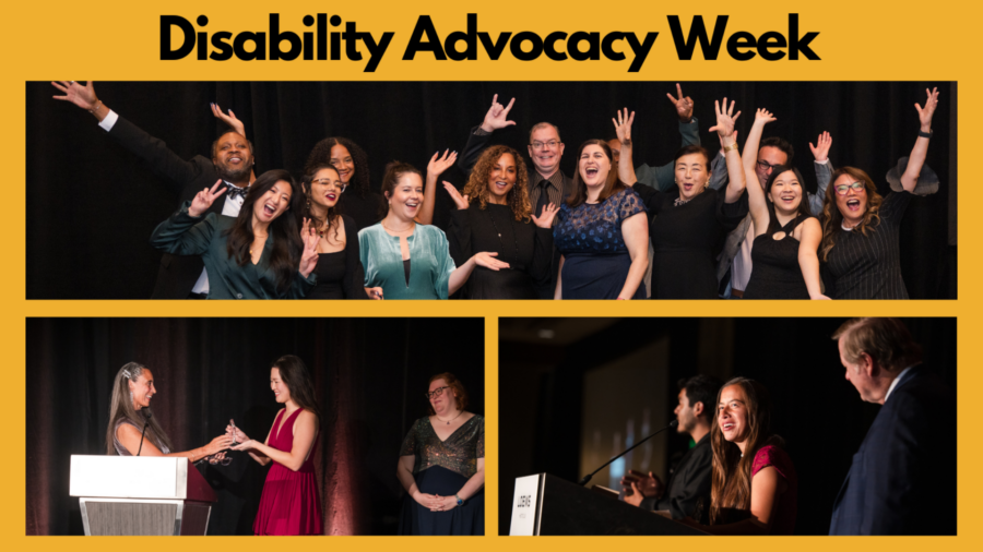 text reads Disability Advocacy Week. collage of three photos from RespectAbility's 10th Anniversary Celebration including a large group of attendees celebrating with their hands in the air and awards winners Elizabeth Kim and Nicole Homerin on stage