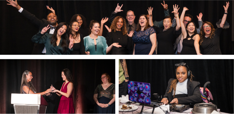 collage of three photos from RespectAbility's 10th Anniversary Celebration, including a large group of attendees celebrating with their hands in the air, award winner Elizabeth Kim being presented with the Spangenberg-Chappell Award, and DJ Sabeerah Najee behind her computer