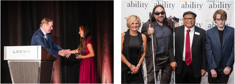 collage of two photos from 10th anniversary celebration, including Nicole Homerin being presented the Steve Bartlett Award, and a group of attendees smiling in front of a step and repeat RespectAbility banner