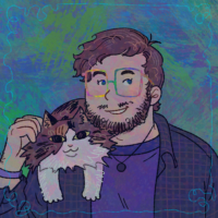 Fionntán Price animated headshot with a cat on their shoulder