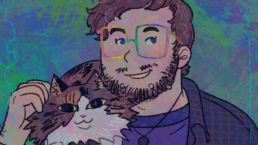 Fionntán Price animated headshot with a cat on their shoulder
