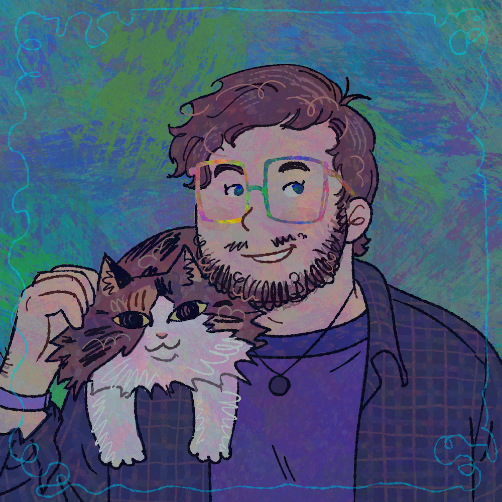 Fionntán Price animated headshot with a cat on their shoulder