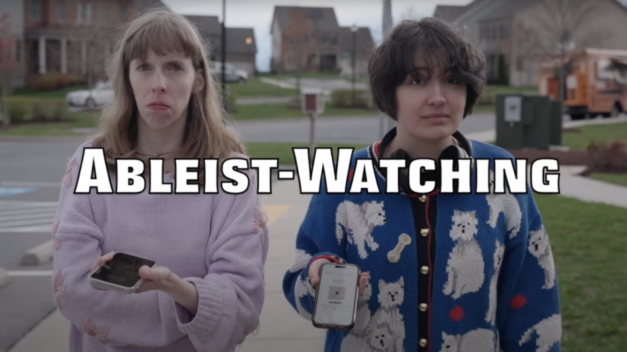 Title card for Ableist-Watching with the two stars of the short film looking upset about something
