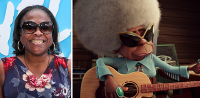 Headshot of Maliaka Mitchell next to Peggy Purvis, the animated character she voices in Thelma the Unicorn