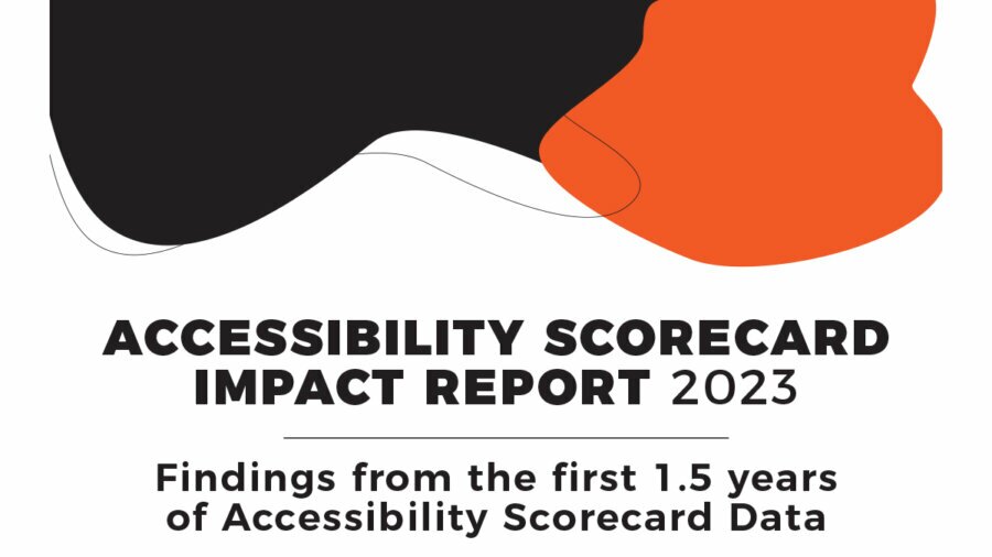 graphic with black and orange abstract shapes. text reads Accessibility Scorecard Impact Report 2023. Findings from the first 1.5 years of accessibility scorecard data