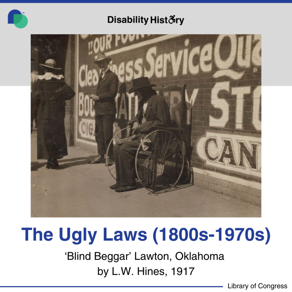 Black and white photo of an old blind man in a wheelchair on the sidewalk seeking money. Text: ‘Blind Beggar’ Lawton, Oklahoma by L.W. Hines, 1917. The Ugly Laws (1800s-1970s). Source: Library of Congress.